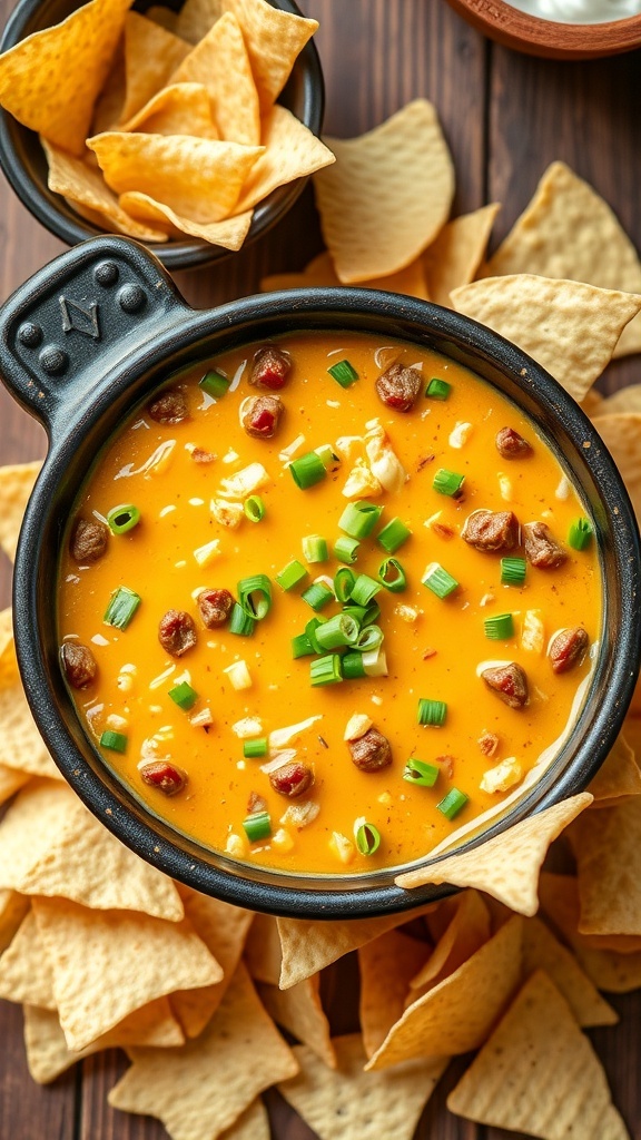 A bowl of hamburger queso dip with tortilla chips on a wooden table.